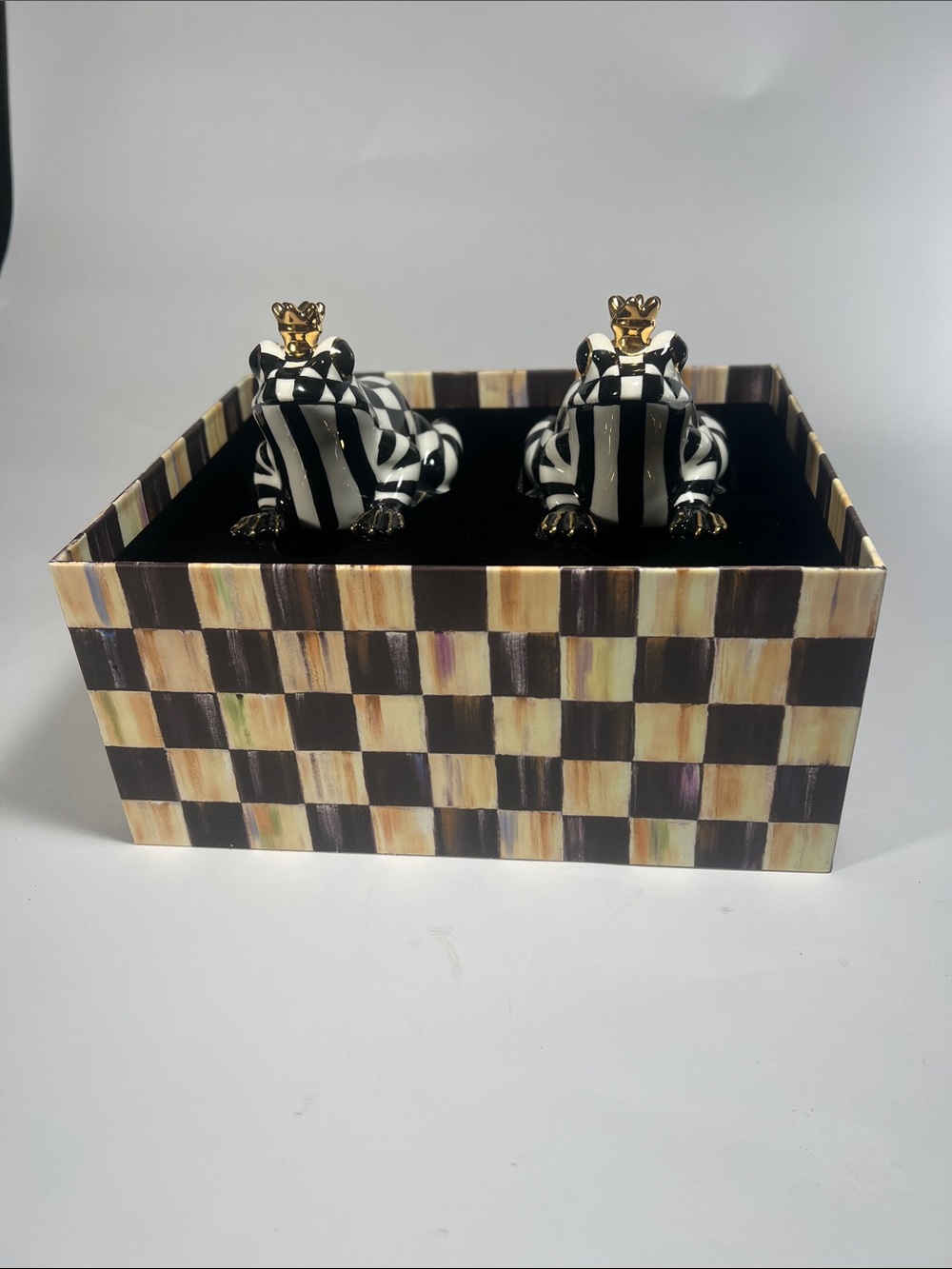 Checkerboard Ceramic Frog Salt & Pepper Shaker Set with Gold Accents